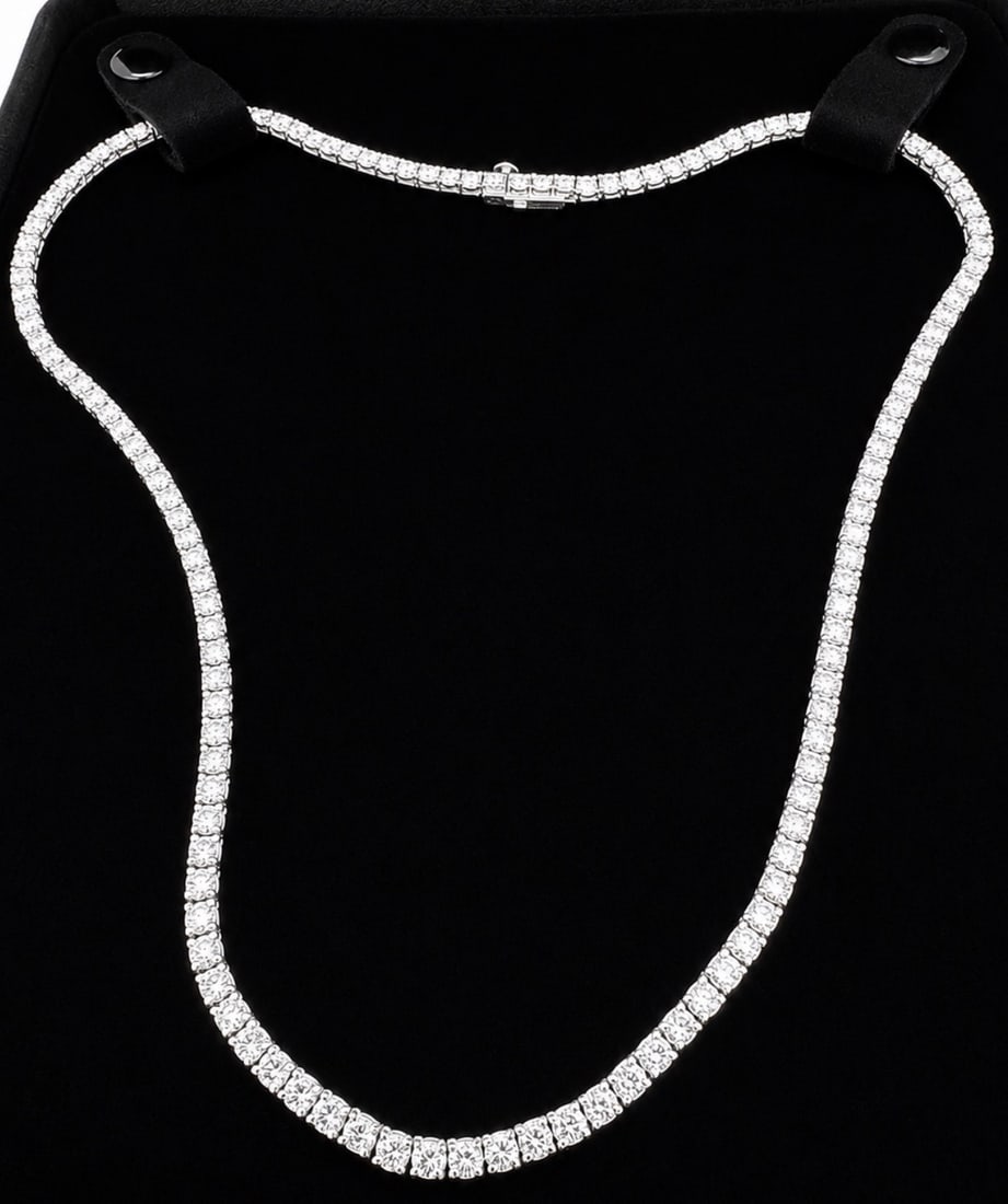 12.91 ctw 14K White Gold 17 inch Basket 4 Prong Tennis Necklace (LAB-GROWN): Shape: Round ;Metal Type: 14K White Gold ;Style: 17 inch Basket 4 Prong ;Color: F-G ;Clarity: SI ;Total Carat Weight: 12.91 (LAB-GROWN) #3SS76259v12