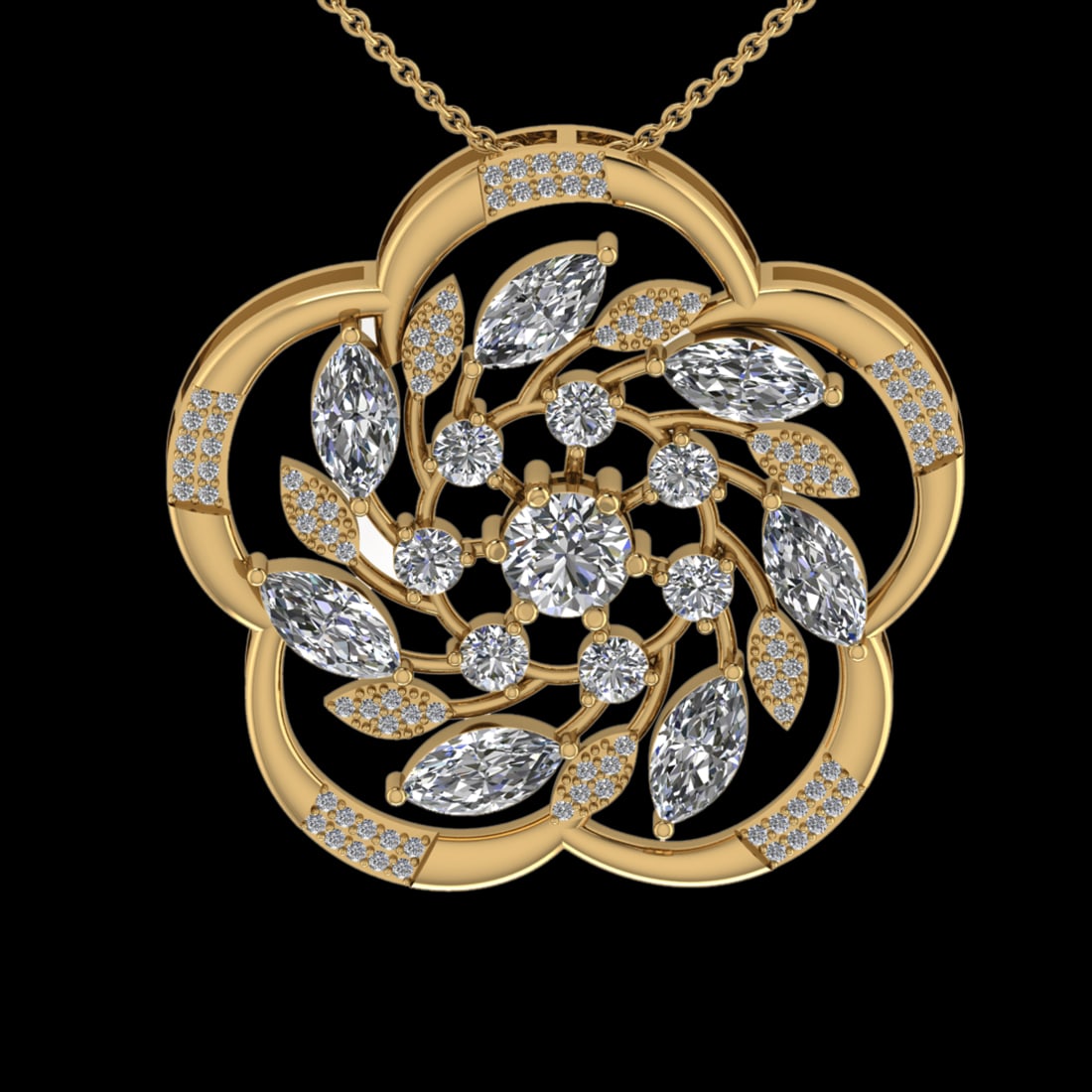4.15 Ctw VS/SI1 Diamond 18K Yellow Gold Necklace (ALL DIAMOND ARE LAB GROWN: Center Diamond Weight :- 3.69 Ctw (Round & Marquise cut) Color :- G-H Clarity : VS/SI1 Center Stone Setting : Prong Side Diamond Weight Of Ctw 0.46 Ctw Color : G-H Clarity : VS/SI1 Stone Setting :