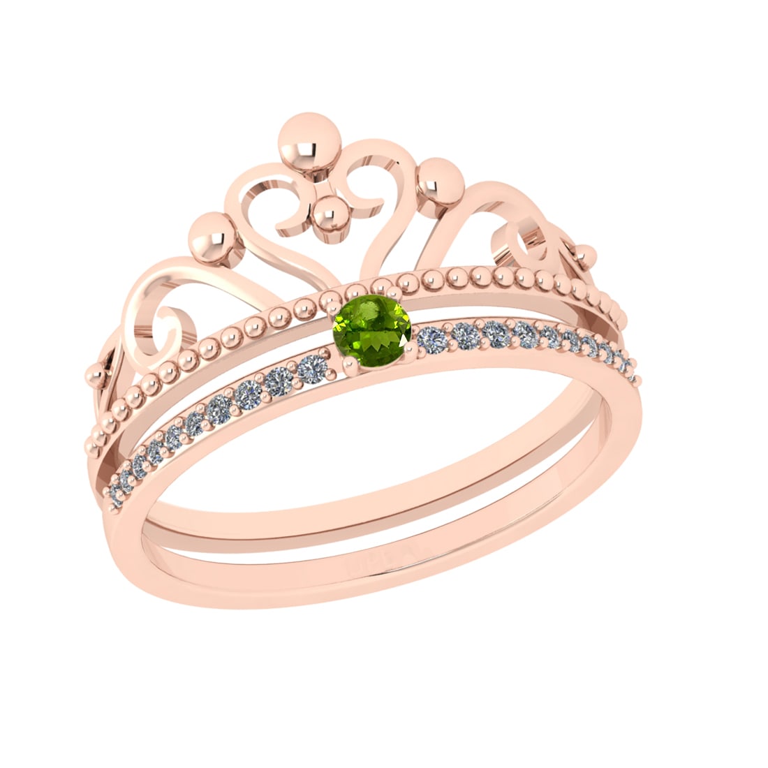 0.23 Ctw VS/SI1 Peridot and Diamond Set 10K Rose Gold Engagement Ring (ALL: Center Stone Weight :-0.11 Ctw ( Round Cut) Center Stone Color :-Peridot Center Stone Setting : Prong Side Diamond Weight Of Ctw 0.12 Ctw Color : J-K Clarity : VS/SI1 Daimond Setting : Prong Metal