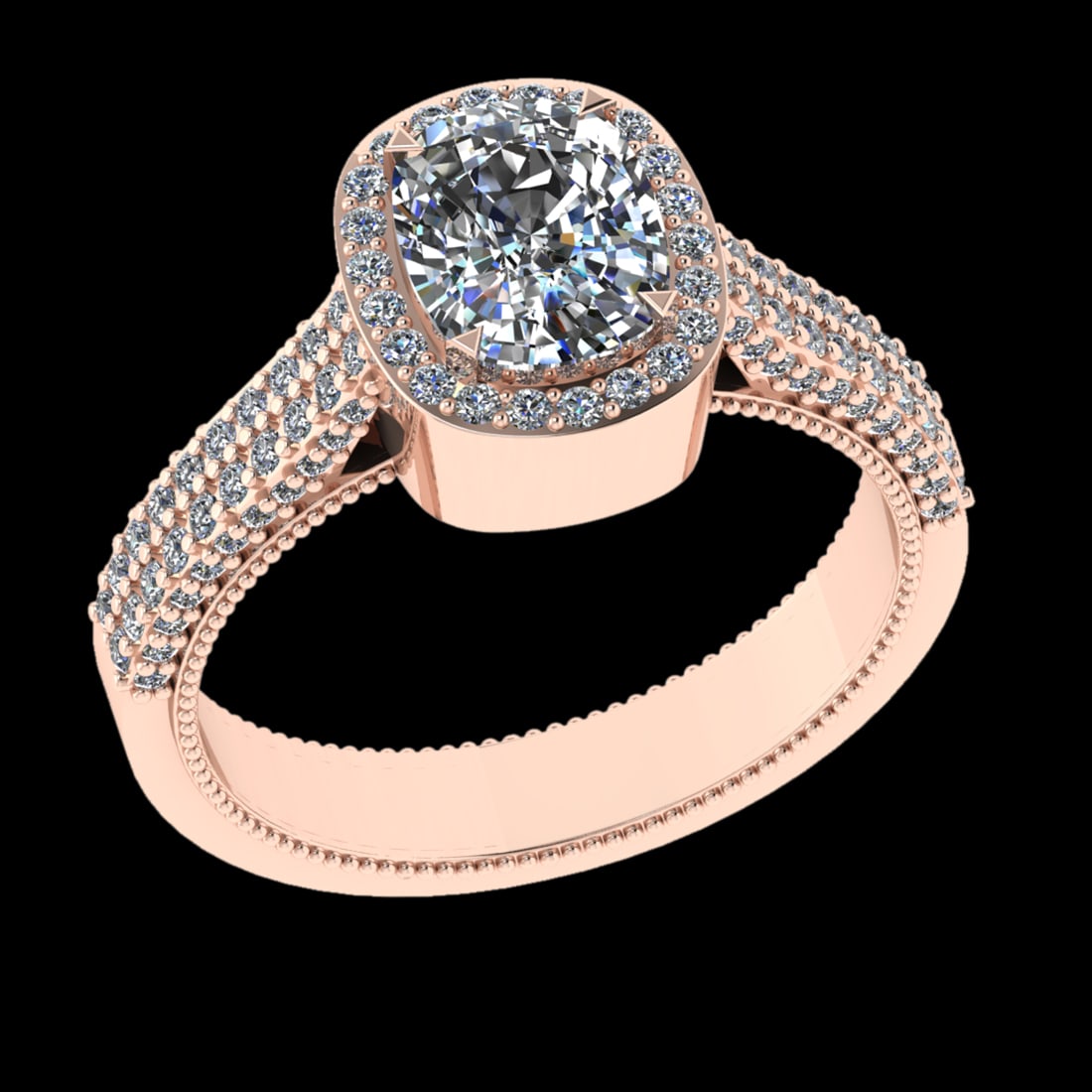 1.88 Ctw VS/SI1 Diamond 14 K Rose Gold Engagement Ring (ALL DIAMOND ARE LAB: Center Diamond Weight : 1.25 Ctw (Cushion Cut) Center Diamond Color :-G-H Center Stone Setting : Prong Clarity : VS/SI1 Total Weight Of Ctw 0.63 Ctw Color : G-H Clarity : VS/SI1 Stone Setting : Prong 
