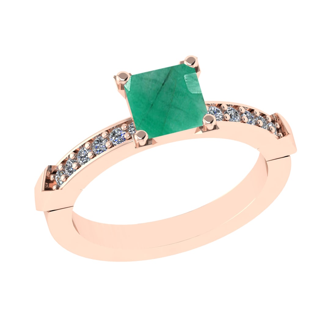 1.46 Ctw VS/SI1 Emerald and Diamond 14k Rose Gold Engagement Ring: Center Stone Weight :-1.25 Ctw ( Princess Cut) Center Stone Color :-Emerald Center Stone Setting : Prong Side Diamond Weight Of Ctw :- 0.21 Ctw Color : J-K Clarity : VS/SI1 Daimond Setting : Prong Met