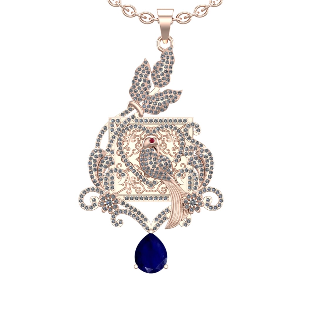 4.41 Ctw VS/SI1 Blue Sapphire and Diamond Prong Set 14K Rose Gold Pendant (: Eye stone Weight :-0.01 ctw Eye stone Color :- Ruby Center Stone Weight : 2.50 Ctw (Pear Cut) Center Stone Color : Blue Sapphire Setting : Prong Side Weight Of Ctw 1.90 Ctw Color : J-K Clarity : VS/SI