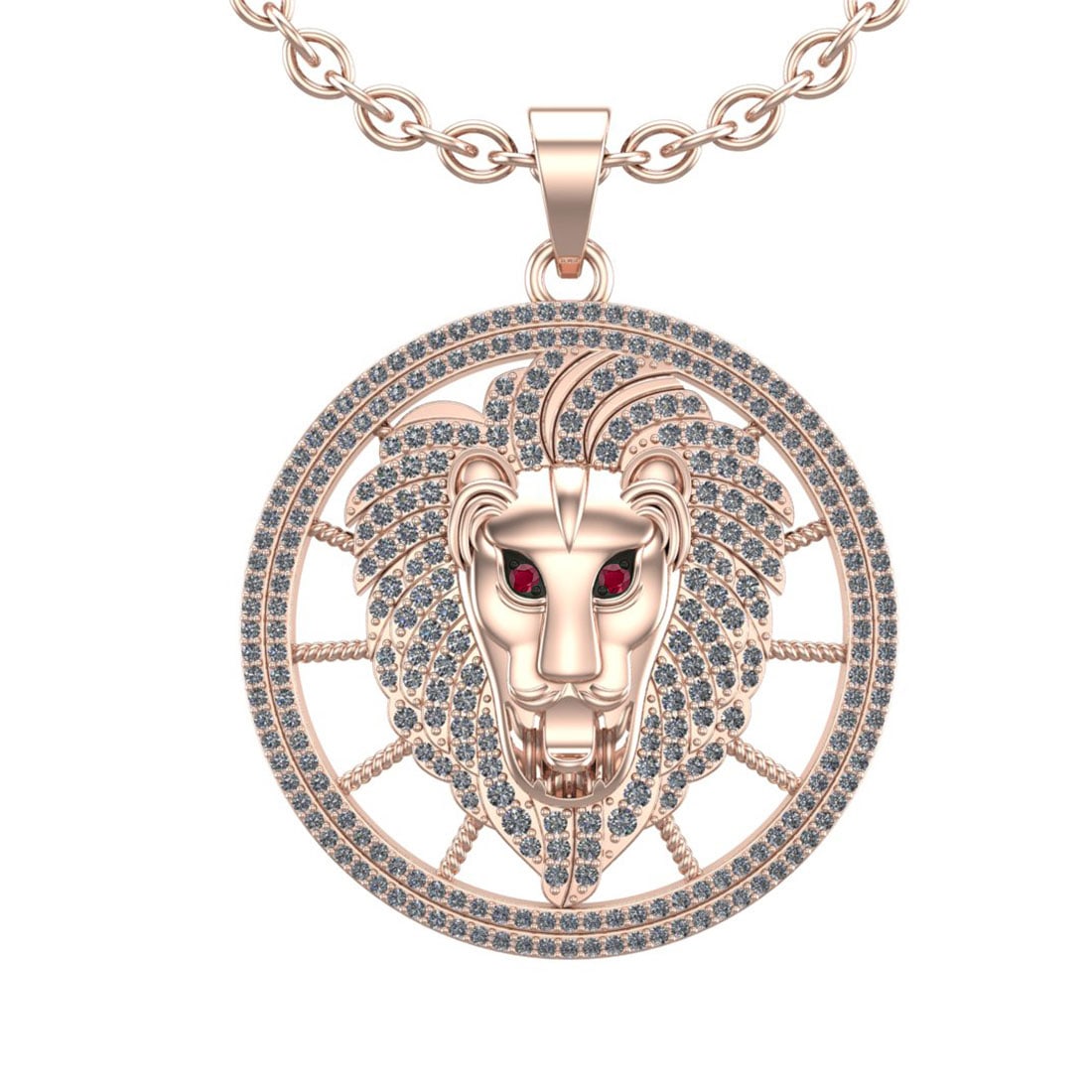 1.72 Ctw SI2/SI1 Ruby and Diamond Style Men s collection 18K Rose Gold lion: Center Stone Weight : 0.02 Ctw ( Round Cut )Center Stone Color : Ruby Setting : Prong Side Stone Weight Of Ctw 1.70 Ctw Side Stone Color : G-H Stone Clarity : SI2/SI1 Stone Setting : Prong Metal Weigh