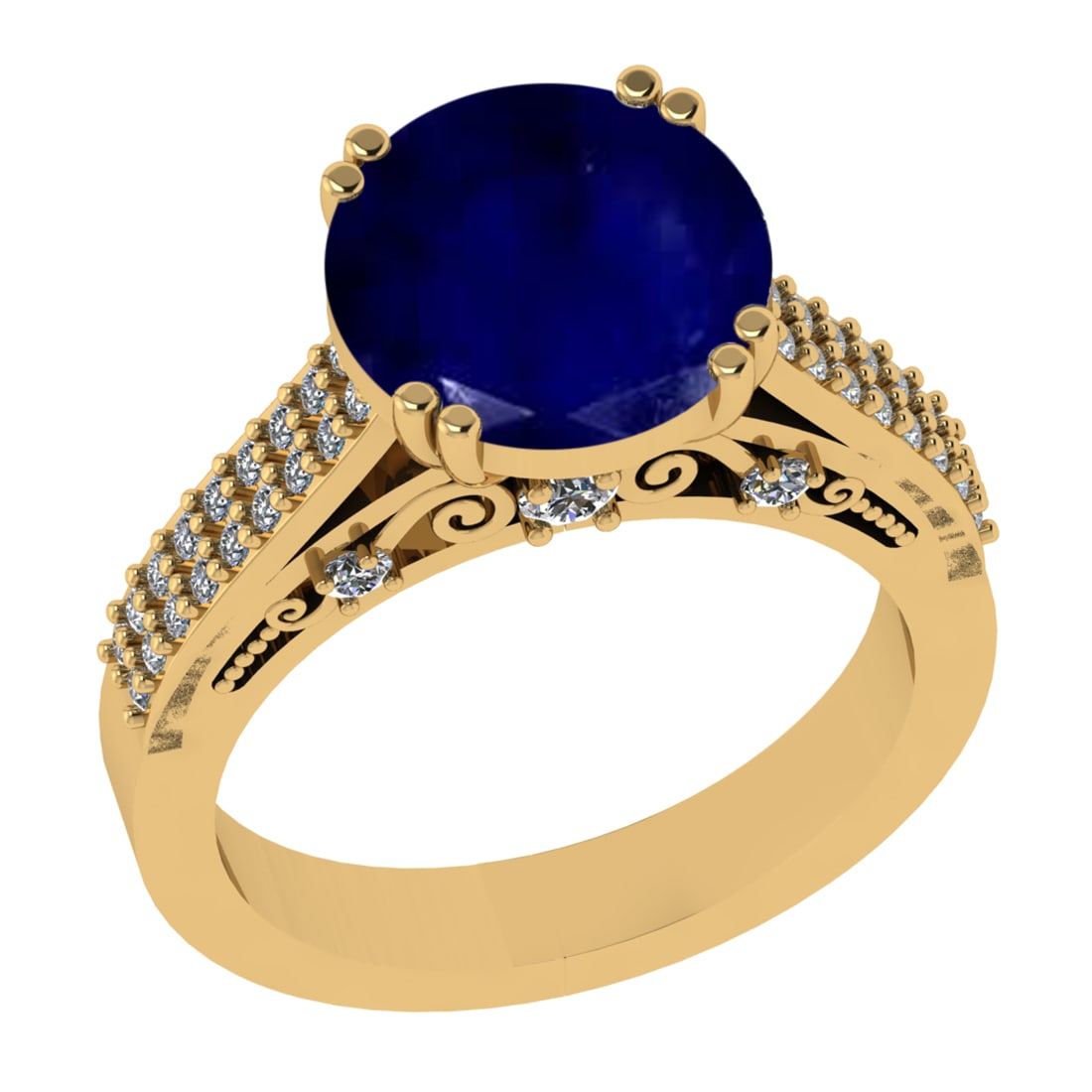 4.39 Ctw VS/SI1 Blue Sapphire and Diamond 14k Yellow Gold Engagement Ring: Center Stone Weight :-3.87 Ctw ( Round Cut) Center Stone Color :-Blue Sapphire Center Stone Setting : Prong Side Diamond Weight Of Ctw :- 0.52 Ctw Color : J-K Clarity : VS/SI1 Daimond Setting : Prong 