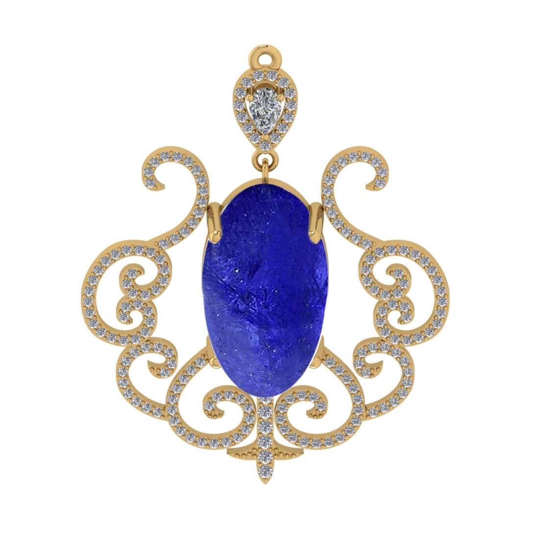 17.97 CtwVS/SI1 Tanzanite and Diamond 14k Yellow Gold Pendant (ALL DIAMOND: Center Stone Weight :-16.83 Ctw ( Oval Cab) Center Stone Color :-Tanzanite Center Stone Setting : Prong Side Diamond Weight Of Ctw :- 1.14 Ctw Color : J-K Clarity : VS/SI1 Daimond Setting : Prong Meta