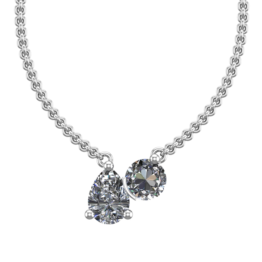 1.25 Ctw SI2/SI1 Diamond Prong Set 14K white Gold Two-Stone Pendant Necklac: Total Daimond Weight :-1.25 Ctw ( Round & Pear cut ) Color : G-H Clarity : SI2/SI1 Setting : Prong Metal Weight : Approx 2.51 gram 14K White Gold Two-Stone Pendant Necklace (ALL DIAMOND ARE LAB GROWN 