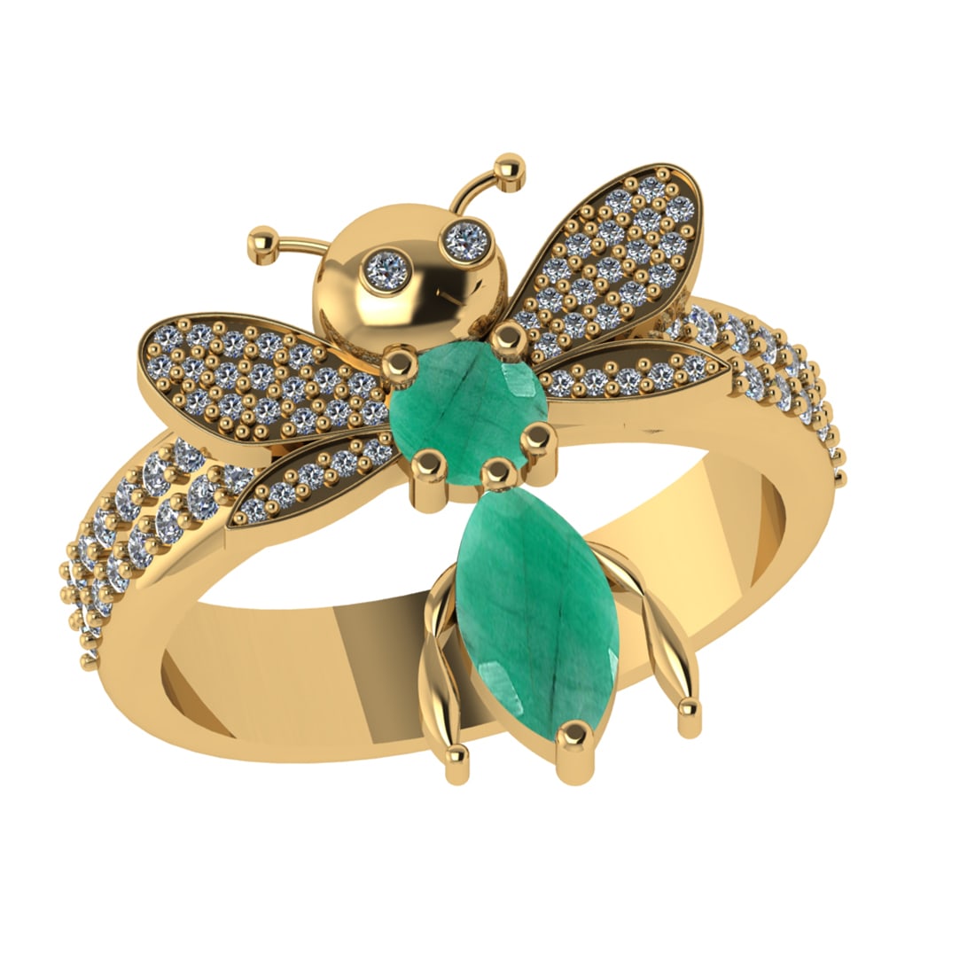 1.31 Ctw VS/SI1 Emerald and Diamond 14k Yellow Gold Bees theme Ring (ALL DI: Center Stone Weight :-0.75 Ctw ( Marquise & Round Cut) Center Stone Color :-Emerald Center Stone Setting : Prong Side Diamond Weight Of Ctw :- 0.38 Ctw Color : J-K Clarity : VS/SI1 Daimond Setting : P