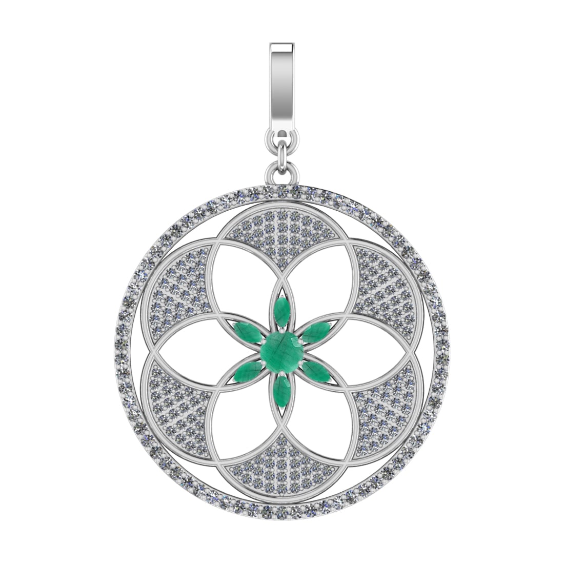 4.22 Ctw VS/SI1 Emeraldand Diamond Prong Set 14k white Gold Pendant (ALL DI: Center Stone Weight :-1.10 Ctw ( Marquise & Round Cut ) Center Stone Color :-Emerald Center Stone Setting : Prong Side Diamond Weight Of Ctw :- 3.12 Ctw Color : J-K Clarity : VS/SI1 Daimond Setting : 