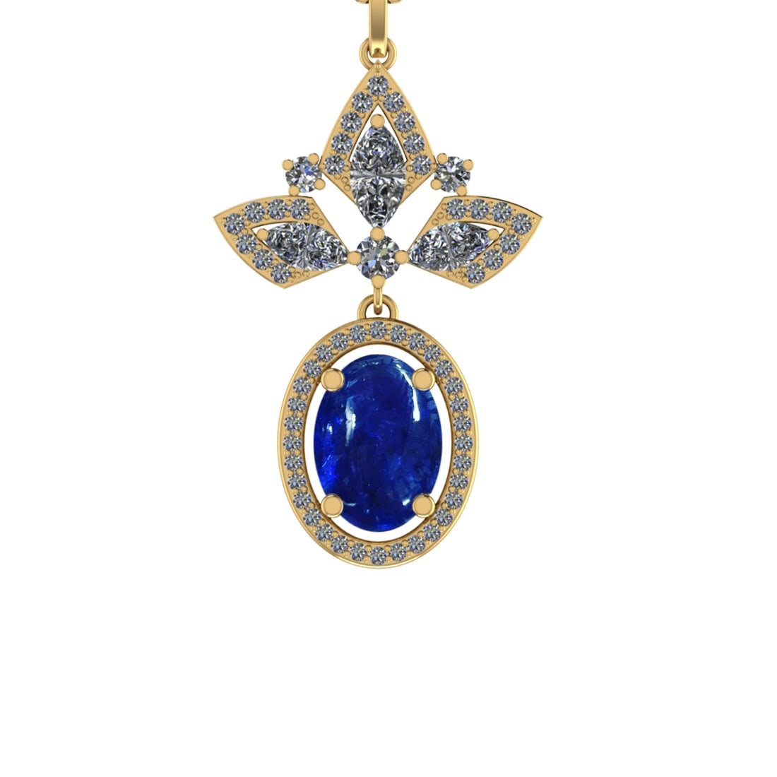 27.99 Ctw SI1/SI2 Tanzanite and Diamond 14k Yellow Gold Pandant (ALL DIAMON: Center Stone Weight :-21.41 Ctw ( Oval Cab) Center Stone Color :-Tanzanite Center Stone Setting : Prong Side Diamond Weight Of Ctw 6.58 Ctw Color : J-K Clarity : SI1/SI2 Stone Setting : Prong Metal We
