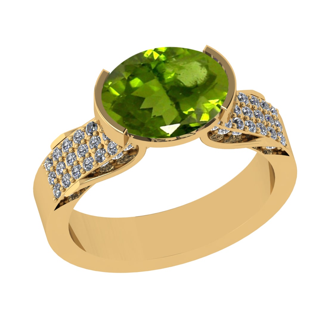 2.98 Ctw VS/SI1 Peridot And Diamond 14K Yellow Gold Engagement Ring( ALL DI: Center Stone Weight : 2.50 Ctw ( Oval Cut ) Center Stone Color : Peridot Stone Setting : Prong Side Diamond Weight Of Ctw 0.48 Ctw Side Stone Color : J-K Stone Clarity : VS/SI1 Stone Setting : Prong M
