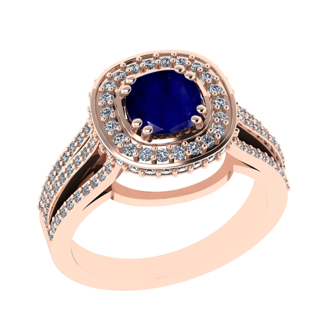 1.81 Ctw VS/SI1 Blue Sapphire and Diamond 14k Rose Gold Engagement Halo Rin: Center Stone Weight :- 1.00 Ctw ( Cushion Cut) Color :- Blue Sapphire Center Stone Setting : Prong Side Diamond Weight Of Ctw 0.81 Ctw Color : G-H Clarity : VS/SI1 Stone Setting : Prong Metal Weight :