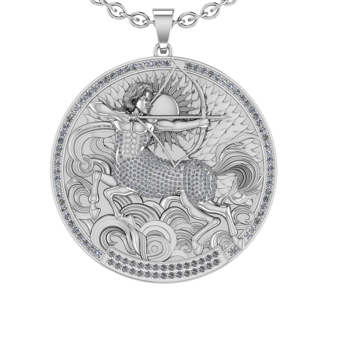 1.96 Ctw VS/SI1 Diamond 14K White Gold Zodiac sign theme Necklace (ALL DIAM: Total Diamond Weight : 1.96 Ctw (Round cut) Center Diamond Color :- J-K Center Clarity : VS/SI1 Stone Setting : Prong Metal Weight : Approx 49.40 Gram 14K White Gold Zodiac sign theme Necklace (ALL DI