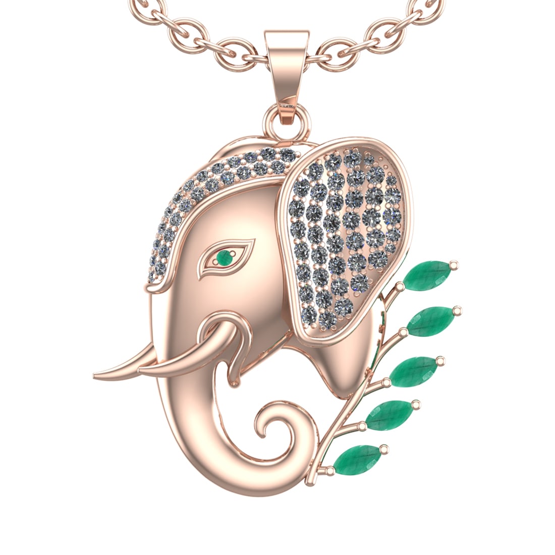 1.99 Ctw VS/SI1 Emerald and Diamond 14k Rose Gold Animal theme Elephant Pen: Center Stone Weight :-0.75 Ctw ( Marquise & Round Cut) Center Stone Color :-Emerald Center Stone Setting : Prong Side Diamond Weight Of Ctw :- 1.24 Ctw Color : J-K Clarity : VS/SI1 Daimond Setting :
