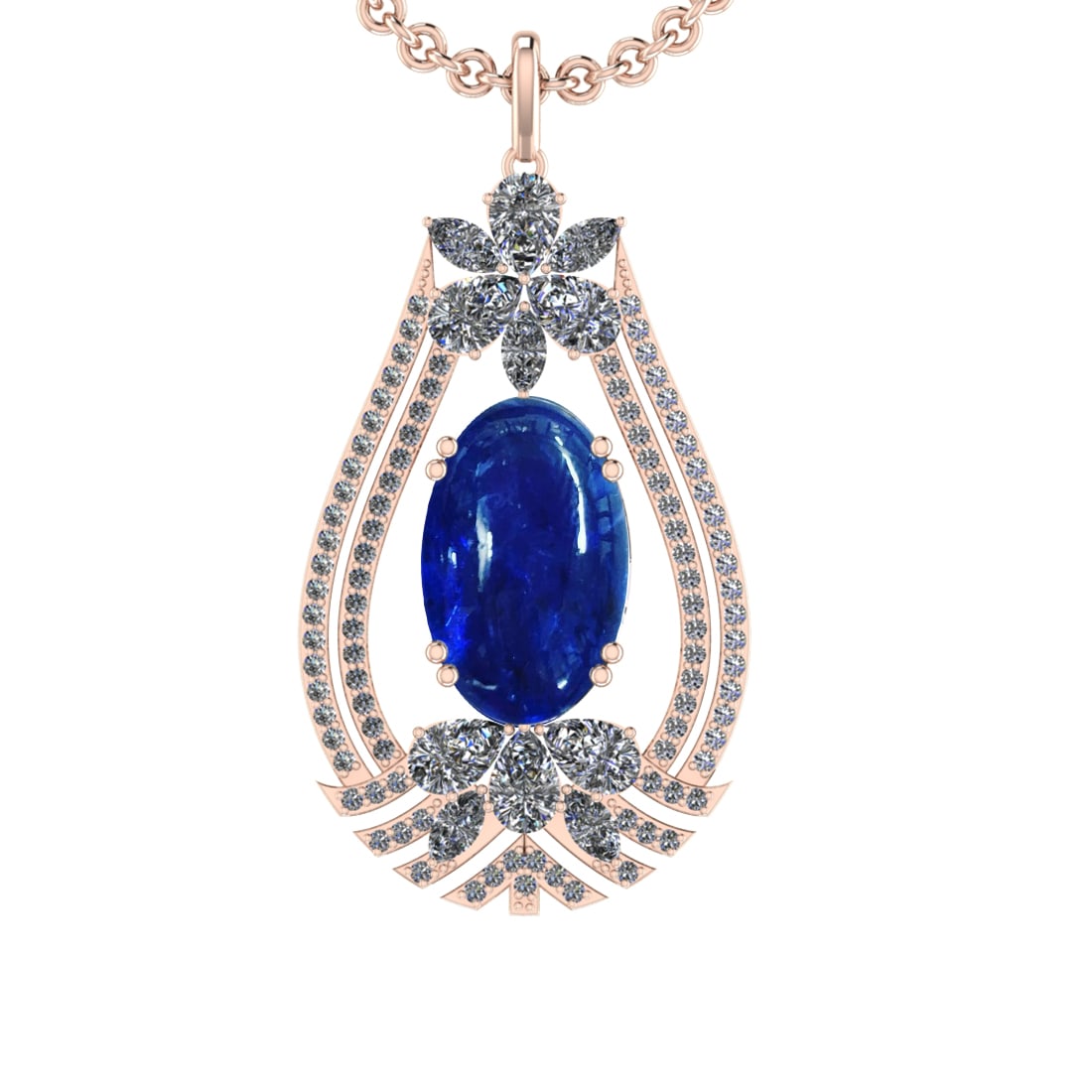 28.49 Ctw VS/SI1 Tanzanite and Diamond 14K Rose Gold Pendant: Center Stone Weight : 21.41 Ctw ( Oval Cab) Center Stone Color :-Tanzanite Setting : Prong Side Weight Of Ctw 7.08 Ctw Color : J-K Clarity :VS/SI1 Stone Setting : Prong Metal Weight : Approx 13.50 gra