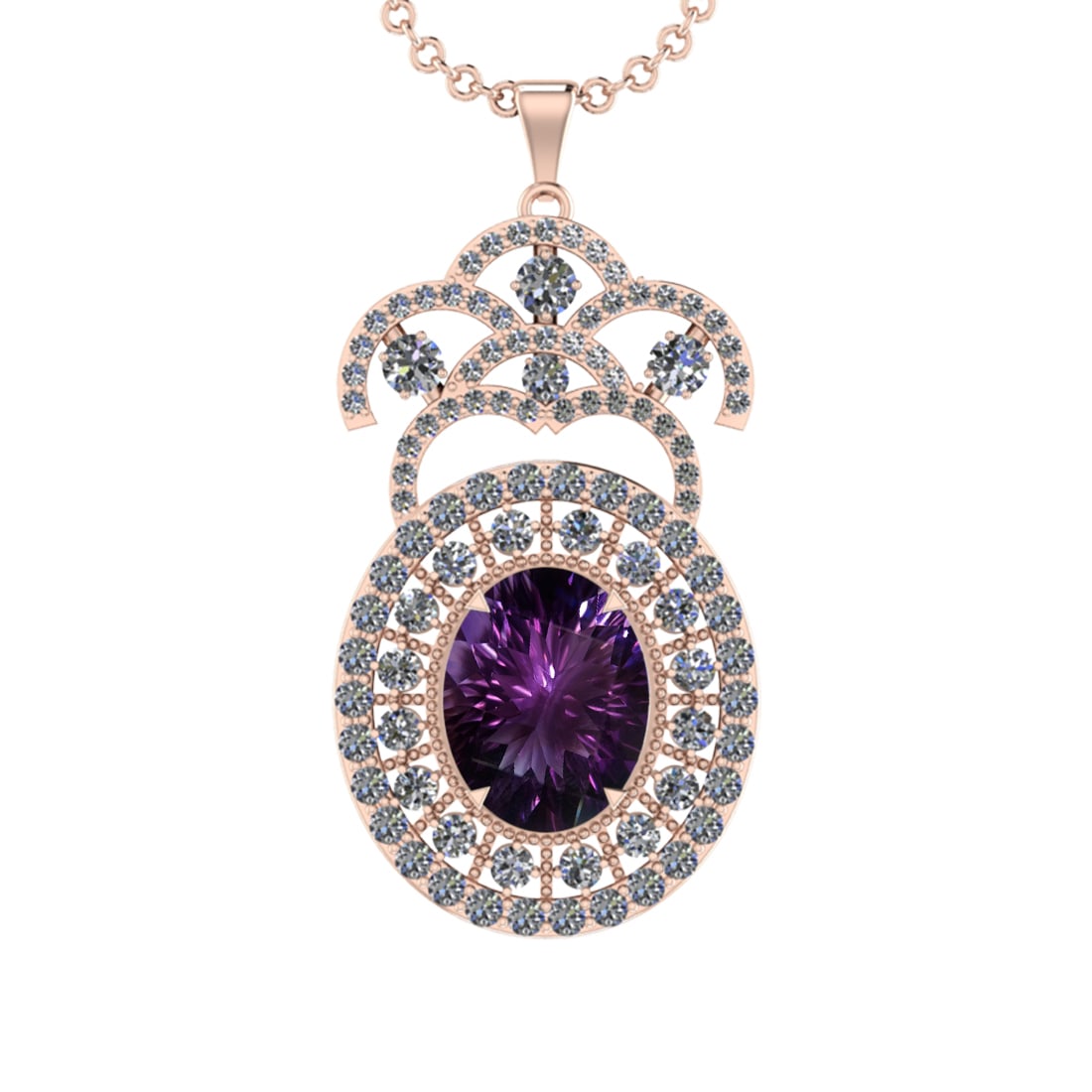 19.91 Ctw VS/SI1 Amethyst and Diamond 14K Rose Gold Pendant (ALL DIAMOND AR: Color Stone Weight : 15.20 Ctw ( Oval Cut) Stone Color :- Amethyst Center Stone Setting : Prong Side Weight Of Ctw 4.71 Ctw Color : J-K Clarity : VS/SI1 Stone Setting : Prong Metal Weight : Approx 17.