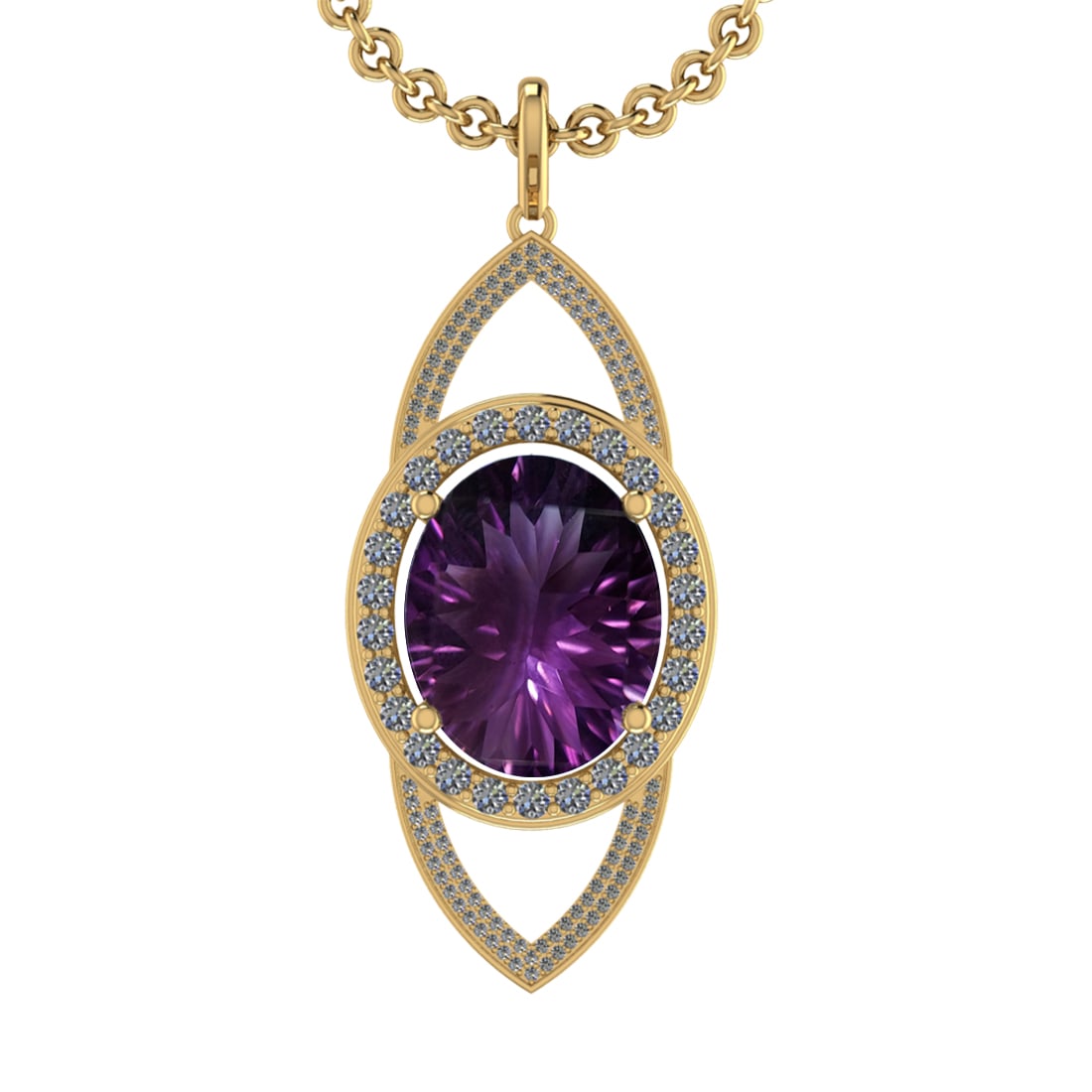 22.50 Ctw VS/SI1 Amethyst and Diamond 14K Yellow Gold Pendant: Center Stone Weight : 20.84 Ctw ( Oval Cut) Center Stone Color :-Amethyst Setting : Prong Side Weight Of Ctw 1.66 Ctw Color : J-K Clarity : VS/SI1 Stone Setting : Prong Metal Weight : Approx 11.90 gra