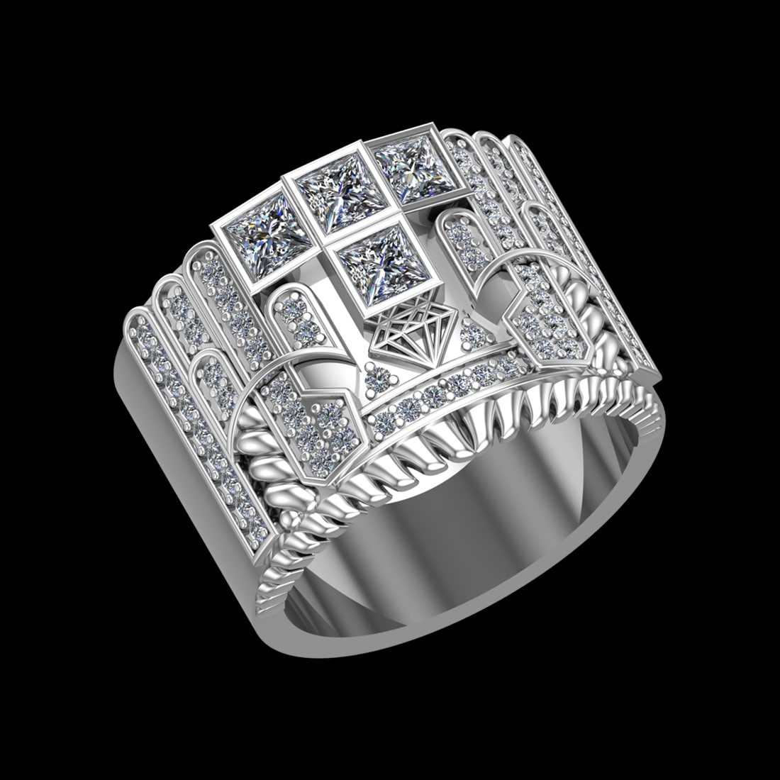 0.89 Ctw VS/SI1 Diamond Prong Set 10k white Gold Men s theme Engagement Rin: Center Daimond Weight :-0.44 Ctw ( Princess Cut) Color : J-K Clarity : VS/SI1 Side Diamond Weight Of Ctw 0.45 Ctw Color : J-K Clarity : VS/SI1 Daimond Setting : Prong Metal Weight : Approx 12.97 gram 