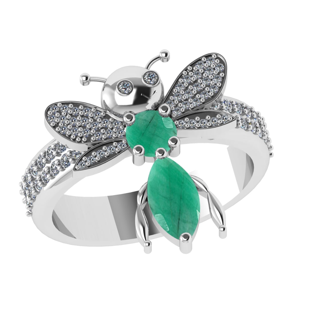 1.31 Ctw VS/SI1 Emerald and Diamond 14k white Gold Bees theme Ring (ALL DIA: Center Stone Weight :-0.75 Ctw ( Marquise & Round Cut) Center Stone Color :-Emerald Center Stone Setting : Prong Side Diamond Weight Of Ctw :- 0.38 Ctw Color : J-K Clarity : VS/SI1 Daimond Setting : P
