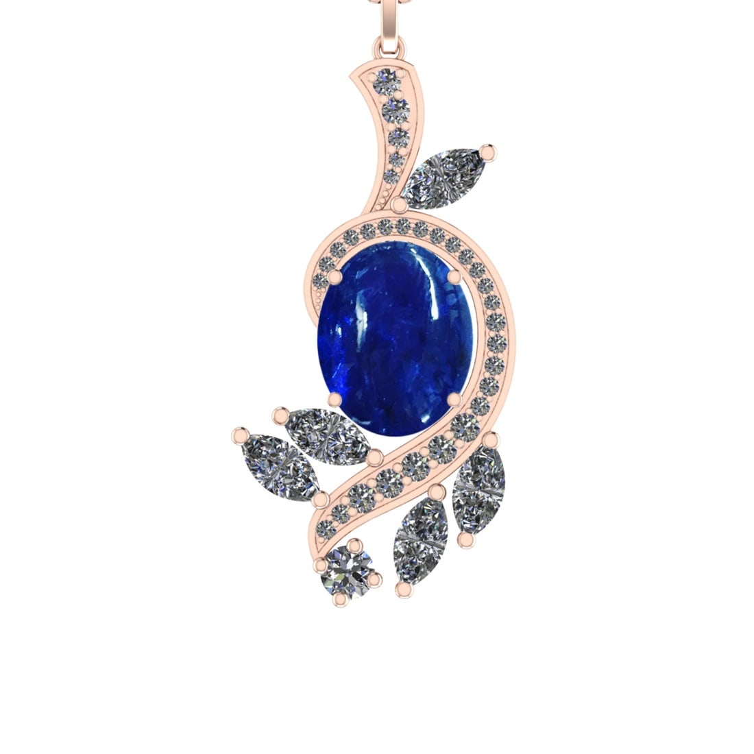 49.08 Ctw SI1/SI2 Tanzanite and Diamond 14k Rose Gold Pandant (ALL DIAMOND: Center Stone Weight :-38.47 Ctw ( Oval Cab) Center Stone Color :-Tanzanite Center Stone Setting : Prong Side Diamond Weight Of Ctw 10.61 Ctw Color : J-K Clarity : SI1/SI2 Stone Setting : Prong Metal W