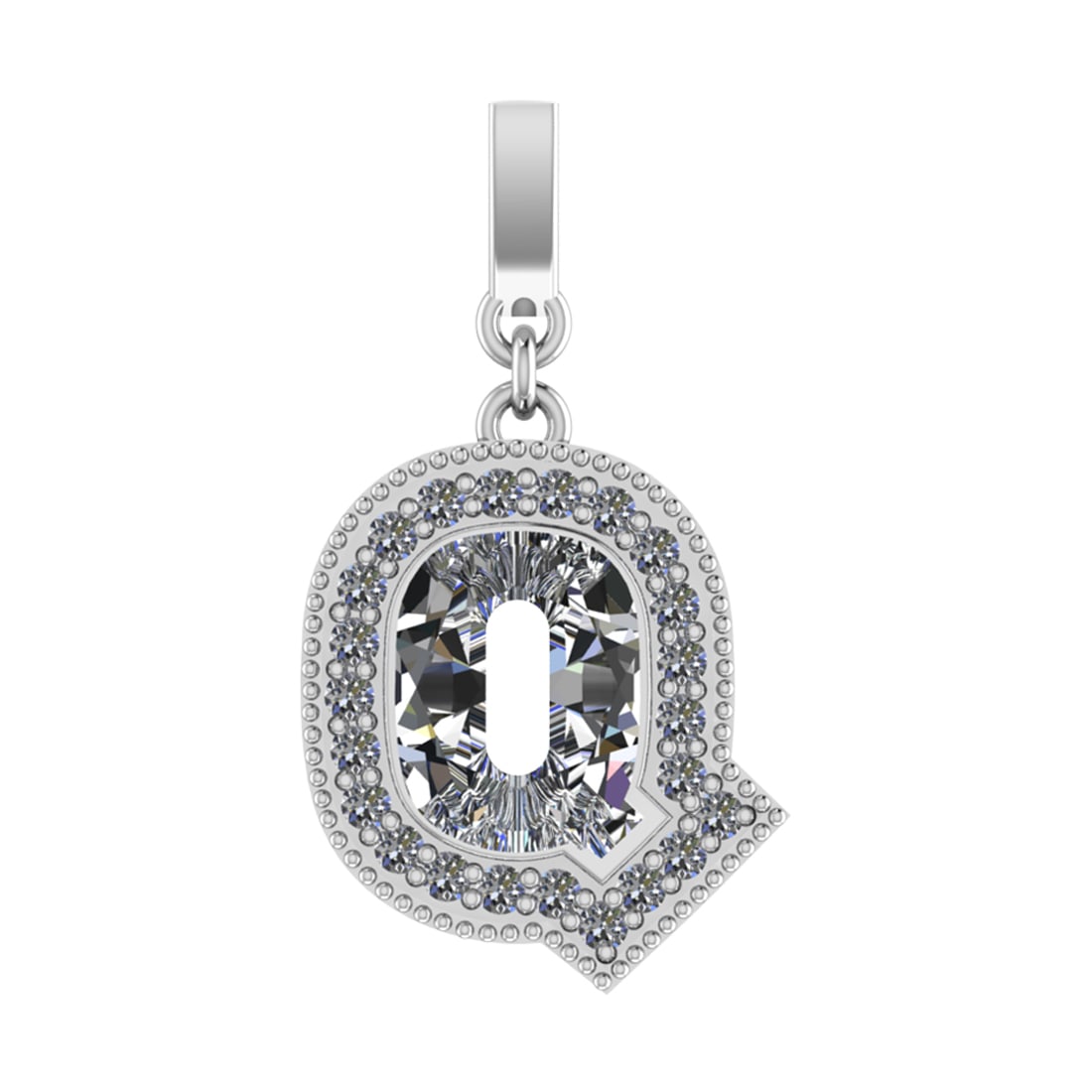 1.09 Ctw SI2/SI1 Diamond Prong Set 14k White Gold Alphabet-Q Pendant (ALL D: Center Daimond Weight :-0.91 Ctw Color : White Side Diamond Weight Of Ctw 0.18 Ctw Color : G-H Clarity : SI2/SI1 Daimond Setting : Prong Metal Weight : Approx 3.28 gram 14k White Gold Alphabet-Q Penda