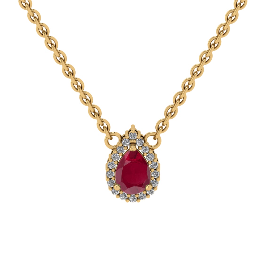 0.89 Ctw VS/SI1 Ruby and Diamond Prong Set 14K Yellow Gold Necklace (ALL DI: Center stone Weight :-: 0.75 Ctw ( Pear Cut) Color :- Ruby Center Stone Setting : Prong Side Diamond Weight Of Ctw 0.14 Ctw Color : J-K Clarity : VS/SI1 Stone Setting : Prong Metal Weight : Approx 2.9
