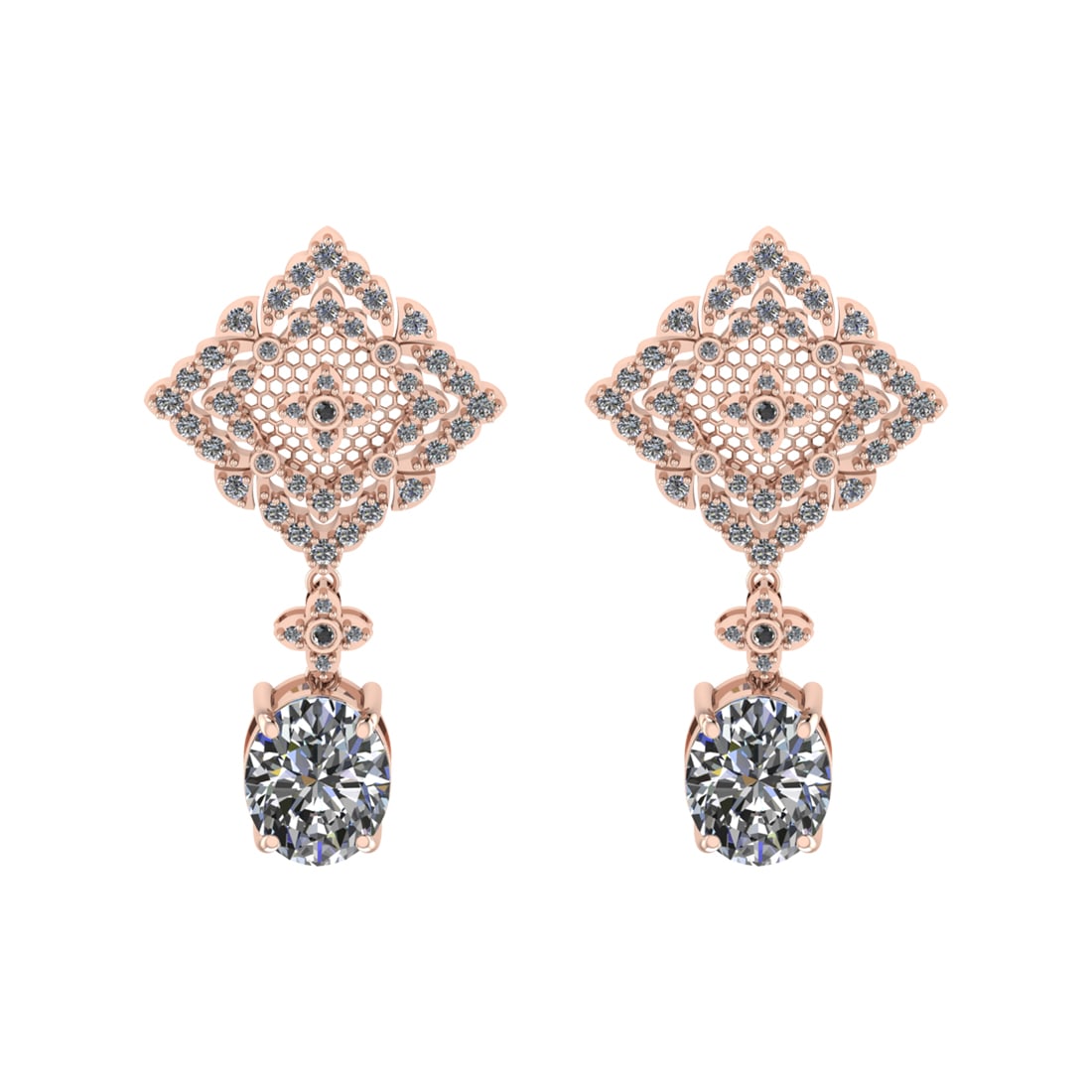 12.19 Ctw VS/SI1 Diamond Prong Set 14K Rose Gold Dangle Stud Earrings (ALL: Center Daimond Weight :-10.10 Ctw ( Oval Cut IGI Certified ) Color : G-H Clarity : VS/SI1 Side Diamond Weight Of Ctw 2.09 Ctw Color : G-H Clarity : VS/SI1 Daimond Setting : Prong Metal Weight :