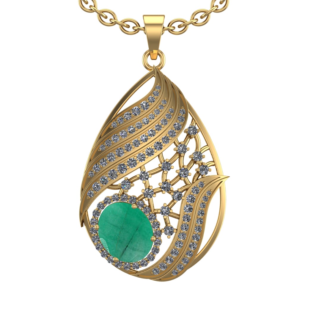6.68 Ctw VS/SI1 Emerald and Diamond 14k Yellow Gold Pendant (ALL DIAMOND AR: Center Stone Weight :-4.80 Ctw ( Oval cut) Center Stone Color :-Emerald Setting : Prong Side Diamond Weight Of Ctw 1.88 Ctw Color : J-K Clarity : VS/SI1 Stone Setting : Prong Metal Weight : Approx 12.