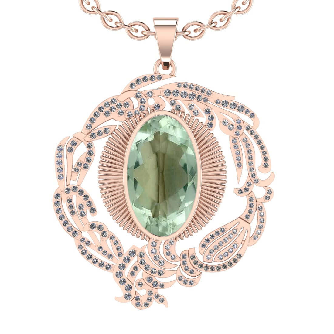22.03 Ctw I2/I3 Green Amethyst And Diamond 10K Rose Gold Necklace(ALL DIAMO: Center Stone Weight : 20.68 Ctw ( Oval Cut ) Center Stone Color : Green Amethyst Stone Setting : Prong Side Diamond Weight Of Ctw 1.35 Ctw Side Stone Color : J-K Stone Clarity : I2/I3 Stone Setting : 