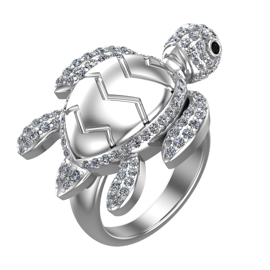 1.60 Ctw VS/SI1 Treated Fancy Black an white Diamond 14k white Gold Tortois: Eye Stone Weight :- 0.05 ctw Eye Stone Color :- Treated Fancy Black Diamond Clarity : VS/SI1 Total Daimond Weight :-1.55 Ctw Color : G-H Clarity : VS/SI1 Setting : Prong Metal Weight : Approx 27.68 gr