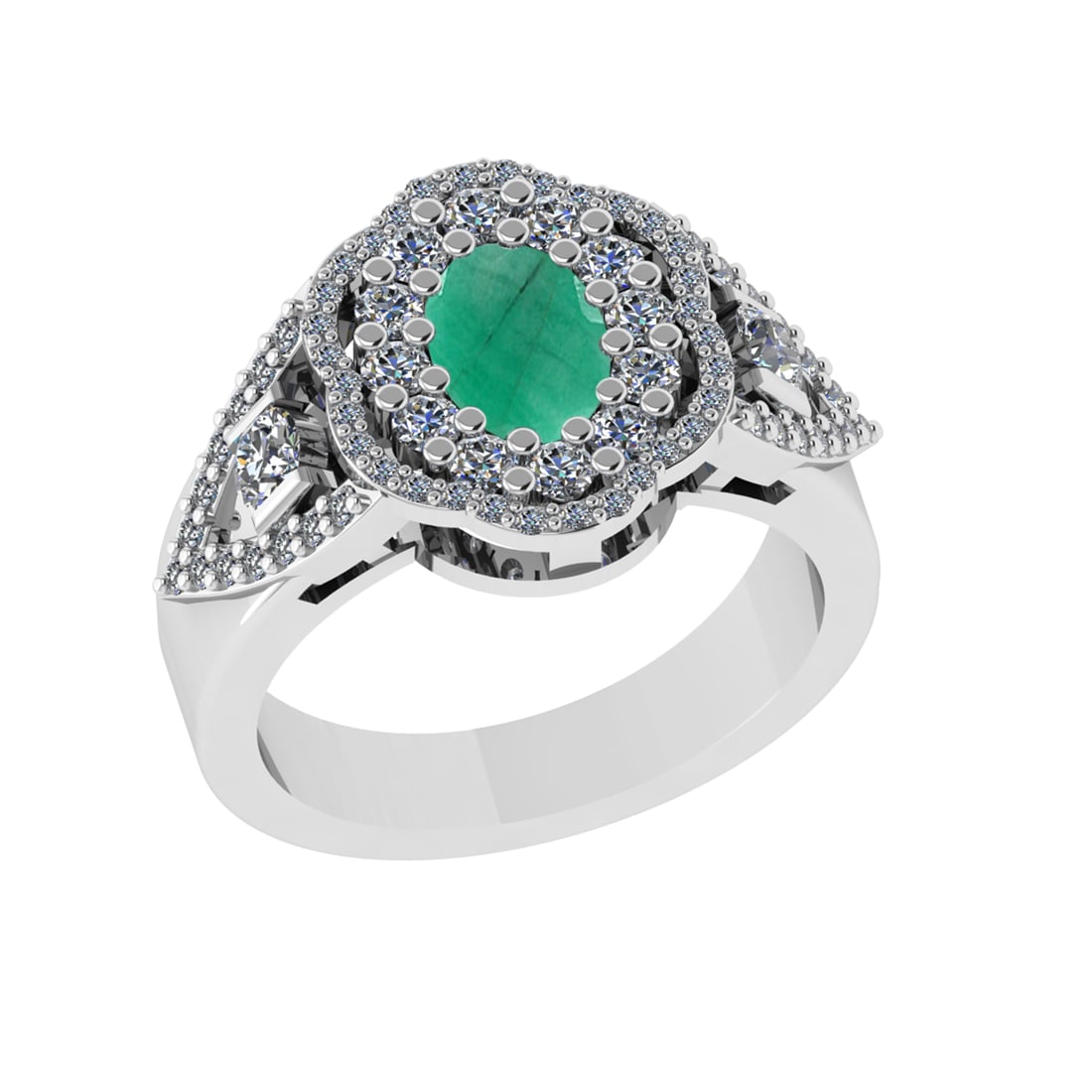 1.73 Ctw VS/SI1 Emerald and Diamond14K White Gold Engagement Ring: Center Stone Weight : 0.75 Ctw (Oval Cut) Center Stone Color :-Emerald Center Stone Setting : Prong Side Diamond Weight Of Ctw 0.98 Ctw Color : J-K Clarity : VS/SI1 Stone Setting : Prong Metal Weight 