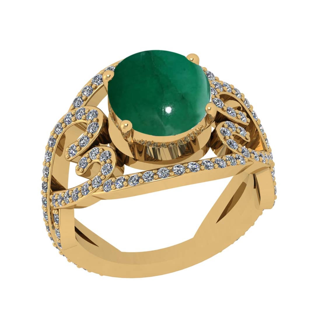 4.77 Ctw VS/SI1 Emerald and Diamond Prong Set 14k Yellow Gold Engagement Ri: Center Stone Weight :-3.93 Ctw ( Oval Cab ) Center Stone Color :-Emerald Center Stone Setting : Prong Side Diamond Weight Of Ctw :- 0.84 Ctw Color : J-K Clarity : VS/SI1 Daimond Setting : Prong Metal 