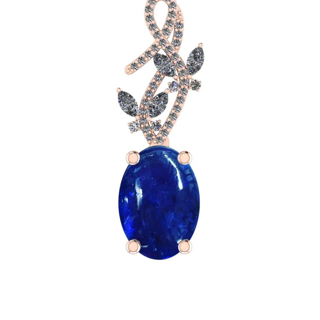 28.72 Ctw SI1/SI2 Tanzanite and Diamond 14k Rose Gold Pandant (ALL DIAMOND: Center Stone Weight :-27.00 Ctw ( Oval Cab) Center Stone Color :-Tanzanite Center Stone Setting : Prong Side Diamond Weight Of Ctw 1.72 Ctw Color : J-K Clarity : SI1/SI2 Stone Setting : Prong Metal We