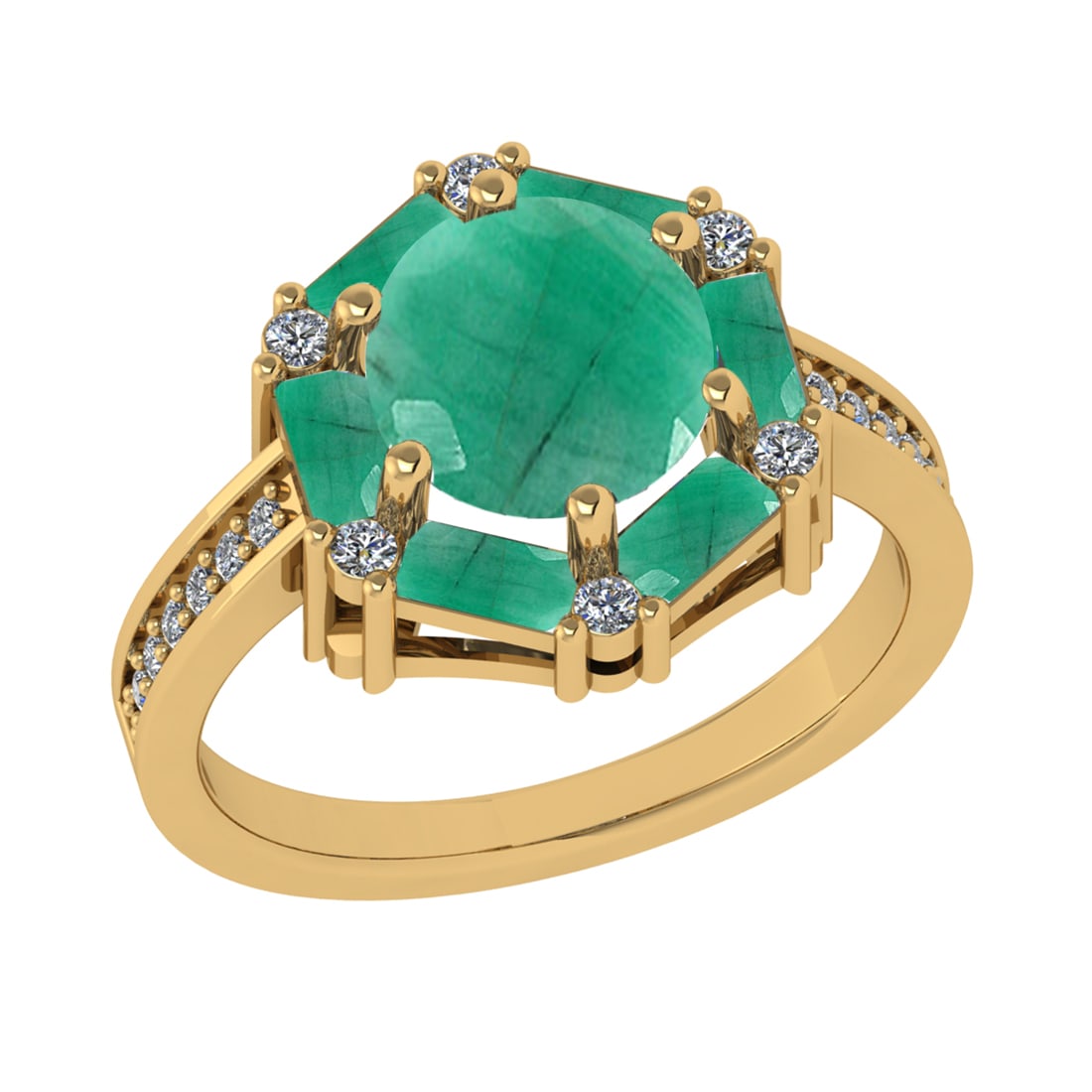 2.78 Ctw VS/SI1 Emerald and Diamond 14k Yellow Gold Engagement Ring(ALL DIA: Center Stone Weight :-2.60 Ctw ( Round & Marquise Cut) Center Stone Color :-Emerald Center Stone Setting : Prong Side Diamond Weight Of Ctw :- 0.18 Ctw Color : J-K Clarity : VS/SI1 Daimond Setting : P