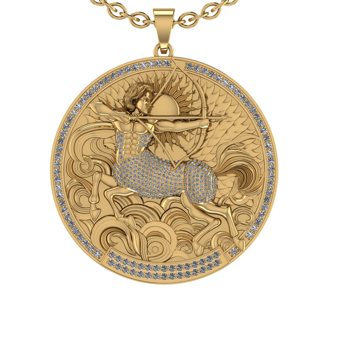 1.96 Ctw VS/SI1 Diamond 14K Yellow Gold Zodiac sign theme Necklace (ALL DIA: Total Diamond Weight : 1.96 Ctw (Round cut) Center Diamond Color :- J-K Center Clarity : VS/SI1 Stone Setting : Prong Metal Weight : Approx 49.40 Gram 14K Yellow Gold Zodiac sign theme Necklace (ALL D
