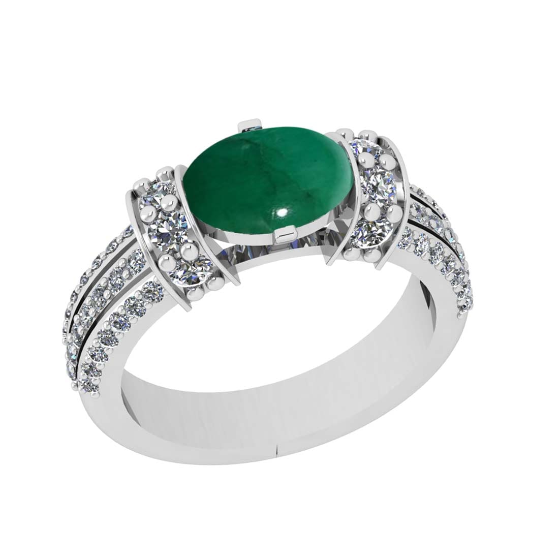 2.77 Ctw VS/SI1 Emerald and Diamond Prong Set 14k White Gold Engagement Rin: Center Stone Weight :-1.99 Ctw ( Oval Cab ) Center Stone Color :-Emerald Center Stone Setting : Prong Side Diamond Weight Of Ctw :- 0.78 Ctw Color : J-K Clarity : VS/SI1 Daimond Setting : Prong Metal 