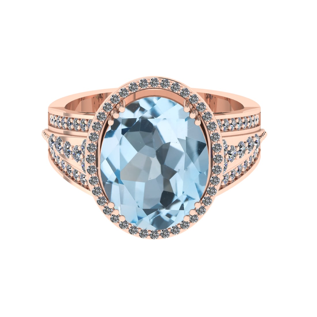 5.60 Ctw VS/SI1 Blue Topaz And Diamond 14K Rose Gold Engagement Ring( ALL D: Center Stone Weight : 5.00 Ctw ( Oval Cut ) Center Stone Color : Blue Topaz Stone Setting : Prong Side Diamond Weight Of Ctw 0.60 Ctw Side Stone Color : J-K Stone Clarity : VS/SI1 Stone Setting : Pron