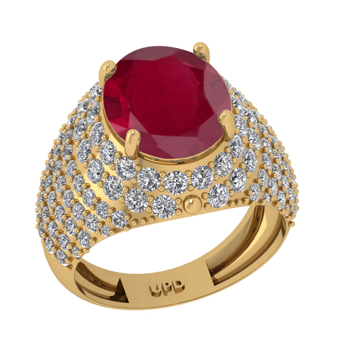 6.72 Ctw VS/SI1 Ruby And Diamond 14K Yellow Gold Engagement Ring: Center Stone Weight : 4.50 Ctw (Oval Cut ) Center Stone Color : Ruby Stone Setting : Prong Side Diamond Weight Of Ctw 2.22 Ctw Side Stone Color : G-H Stone Clarity : VS/SI1 Stone Setting : Prong Metal