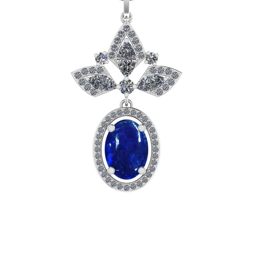 27.99 Ctw SI1/SI2 Tanzanite and Diamond 14k white Gold Pandant (ALL DIAMOND: Center Stone Weight :-21.41 Ctw ( Oval Cab) Center Stone Color :-Tanzanite Center Stone Setting : Prong Side Diamond Weight Of Ctw 6.58 Ctw Color : J-K Clarity : SI1/SI2 Stone Setting : Prong Metal We