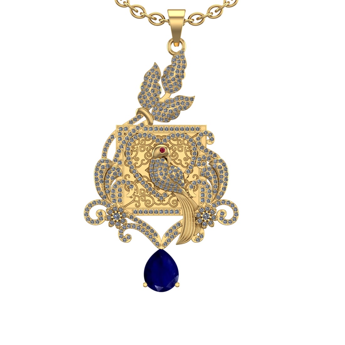 4.41 Ctw VS/SI1 Blue Sapphire and Diamond Prong Set 14K Yellow Gold Pendant: Eye stone Weight :-0.01 ctw Eye stone Color :- Ruby Center Stone Weight : 2.50 Ctw (Pear Cut) Center Stone Color : Blue Sapphire Setting : Prong Side Weight Of Ctw 1.90 Ctw Color : J-K Clarity : VS/SI
