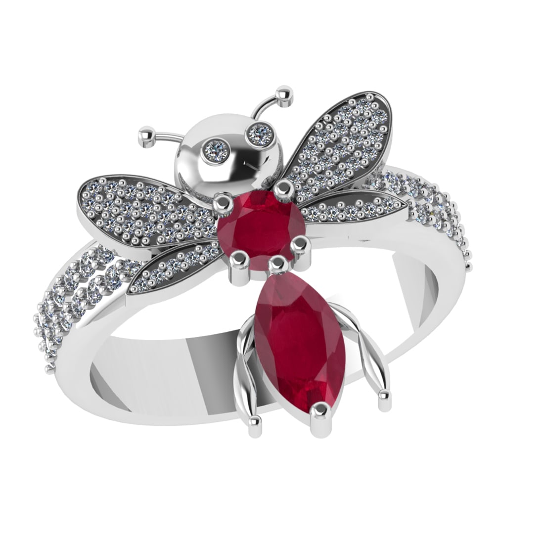 1.31 Ctw VS/SI1 Ruby and Diamond 14k white Gold Bees theme Ring (ALL DIAMON: Center Stone Weight :-0.75 Ctw ( Marquise & Round Cut) Center Stone Color :-Ruby Center Stone Setting : Prong Side Diamond Weight Of Ctw :- 0.38 Ctw Color : J-K Clarity : VS/SI1 Daimond Setting : Pron