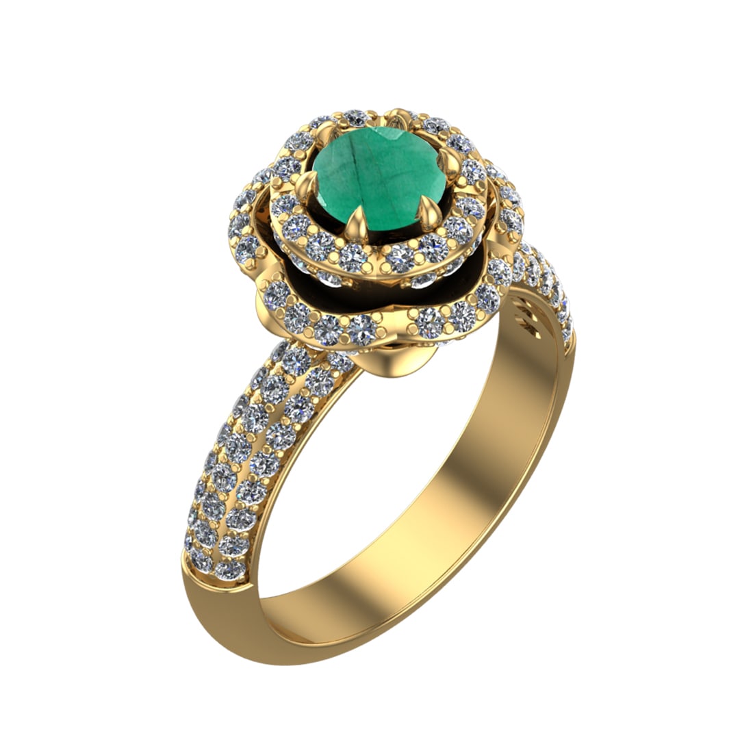 2.22 Ctw VS/SI1 Emeraldand Diamond Prong Set 14k Yellow Gold Engagement Rin: Center Stone Weight :-0.84 Ctw ( Round Cut ) Center Stone Color :-Emerald Center Stone Setting : Prong Side Diamond Weight Of Ctw :- 1.38 Ctw Color : J-K Clarity : VS/SI1 Daimond Setting : Prong Metal