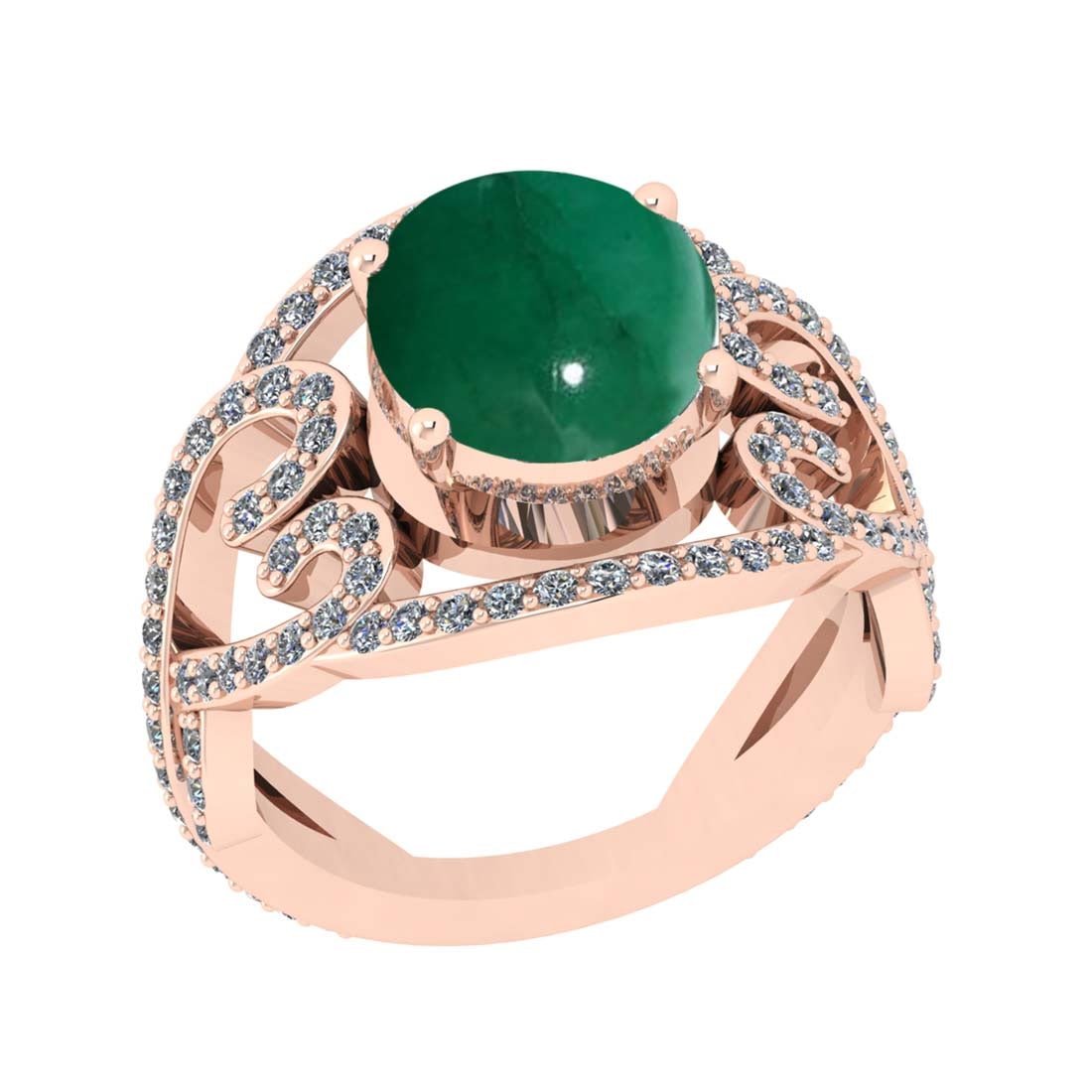 4.77 Ctw VS/SI1 Emerald and Diamond Prong Set 14k Rose Gold Engagement Ring: Center Stone Weight :-3.93 Ctw ( Oval Cab ) Center Stone Color :-Emerald Center Stone Setting : Prong Side Diamond Weight Of Ctw :- 0.84 Ctw Color : J-K Clarity : VS/SI1 Daimond Setting : Prong Metal 