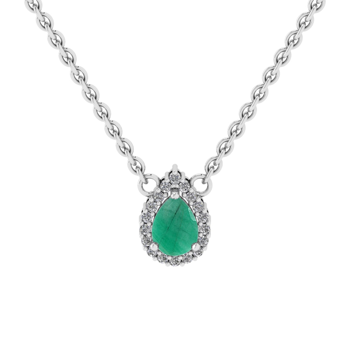 0.89 Ctw VS/SI1 Emerlad and Diamond Prong Set 14K White Gold Necklace (ALL: Center stone Weight :-: 0.75 Ctw ( Pear Cut) Color :- Emerlad Center Stone Setting : Prong Side Diamond Weight Of Ctw 0.14 Ctw Color : J-K Clarity : VS/SI1 Stone Setting : Prong Metal Weight : Approx 