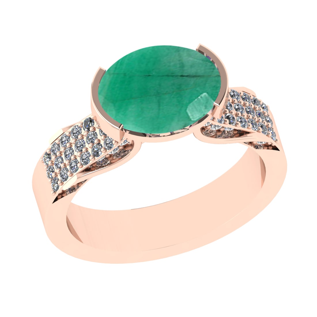 2.98 Ctw VS/SI1 Emerald And Diamond 14k Rose Gold Engagement Ring (ALL DIAM: Center Stone Weight : 2.50 Ctw ( Oval Cut ) Center Stone Color : Emerald Stone Setting : Prong Side Diamond Weight Of Ctw 0.48 Ctw Side Stone Color : G-H Stone Clarity : VS/SI1 Stone Setting : Prong M