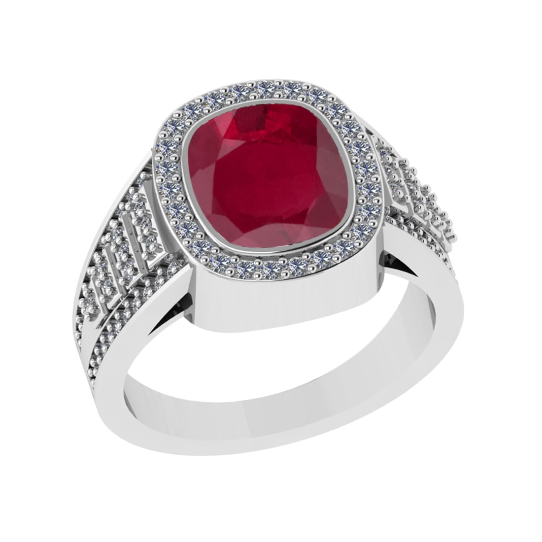 3.28 Ctw VS/SI1 Ruby and Diamond 14k white Gold Engagement Ring (ALL DIAMON: Center Stone Weight :-2.70 Ctw ( Cushion Cut) Center Stone Color :-Ruby Center Stone Setting : Prong Side Diamond Weight Of Ctw 0.58 Ctw Color : G-H Clarity : VS/SI1 Daimond Setting : Prong Metal Weig