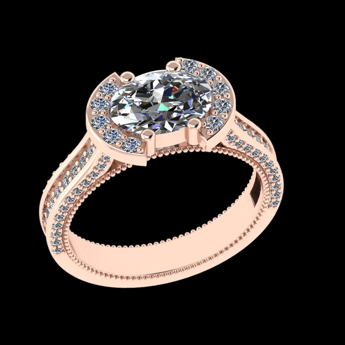 2.11 Ctw VS/SI1 Diamond 10k Rose Gold Engagement Ring (ALL DIAMOND ARE LAB: Center Daimond Weight :-1.41 Ctw ( Oval Cut) Color : J-K Clarity : VS/SI1 Side Diamond Weight Of Ctw 0.70 Ctw Color : J-K Clarity : VS/SI1 Daimond Setting : Prong Metal Weight : Approx 6.06 gram 10k R