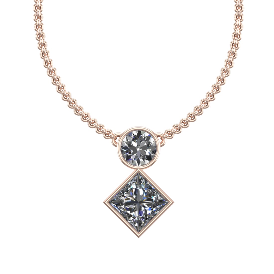 1.75 Ctw SI2/SI1 Diamond Prong Set 14K Rose Gold Two-Stone Pendant Necklace: Total Daimond Weight :-1.75 Ctw ( Round & Princess cut ) Color : G-H Clarity : SI2/SI1 Setting : Prong Metal Weight : Approx 2.46 gram 14K Rose Gold Two-Stone Pendant Necklace (ALL DIAMOND ARE LAB GRO