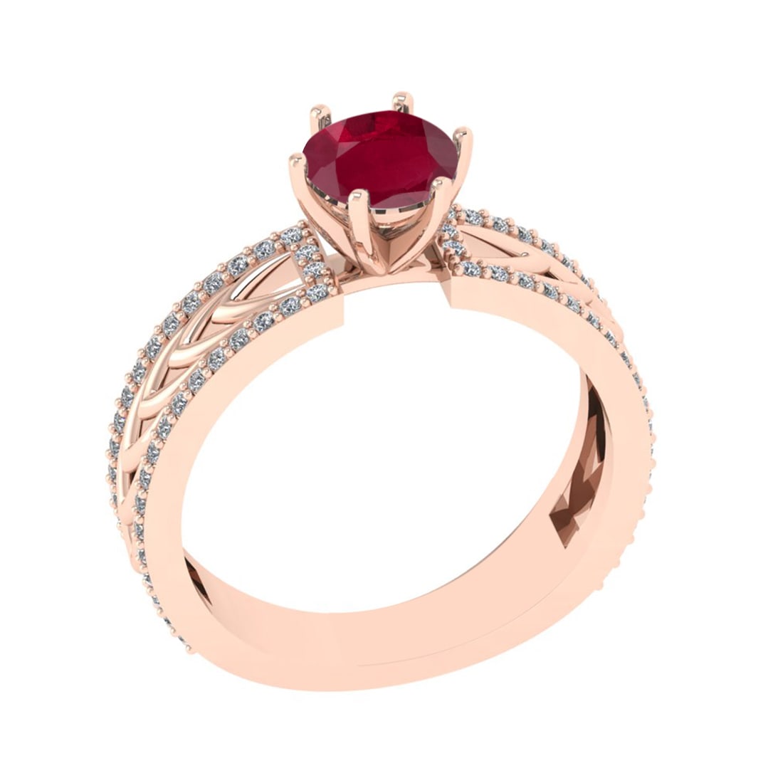 1.36 Ctw VS/SI1 Ruby and Diamond Prong Set 14K Rose Gold Engagement Ring (A: Center Stone Weight : 1.00 Ctw (Round Cut) Center Stone Color : Ruby Setting : Prong Side Weight Of Ctw 0.36 Ctw Color : J-K Clarity : VS/SI1 Stone Setting : Prong Metal Weight : Approx 4.60 gram 14K 