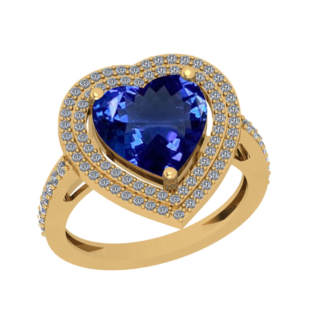 5.07 Ctw VS/SI1 Tanzanite And Diamond 18k Yellow Gold Engagement Halo Ring: Center Stone Weight : 4.59 Ctw ( Heart Cut ) Center Stone Color : Tanzanite Stone Setting : Prong Side Diamond Weight Of Ctw 0.48 Ctw Side Stone Color : J-K Stone Clarity : VS/SI1 Stone Setting : Pron
