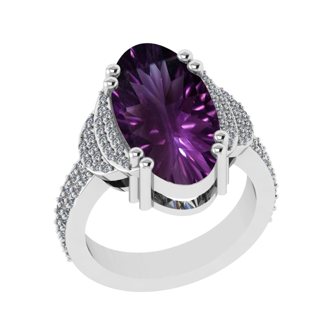 14.46 Ctw VS/SI1 Amethyst and Diamond Prong Set 14k White Gold Engagement R: Center Stone Weight : 13.90 Ctw ( Oval Cut) Center Stone Color :-Amethyst Setting : Prong Side Weight Of Ctw 0.56 Ctw Color : J-K Clarity : VS/SI1 Stone Setting : Prong Metal Weight : Approx 9.90